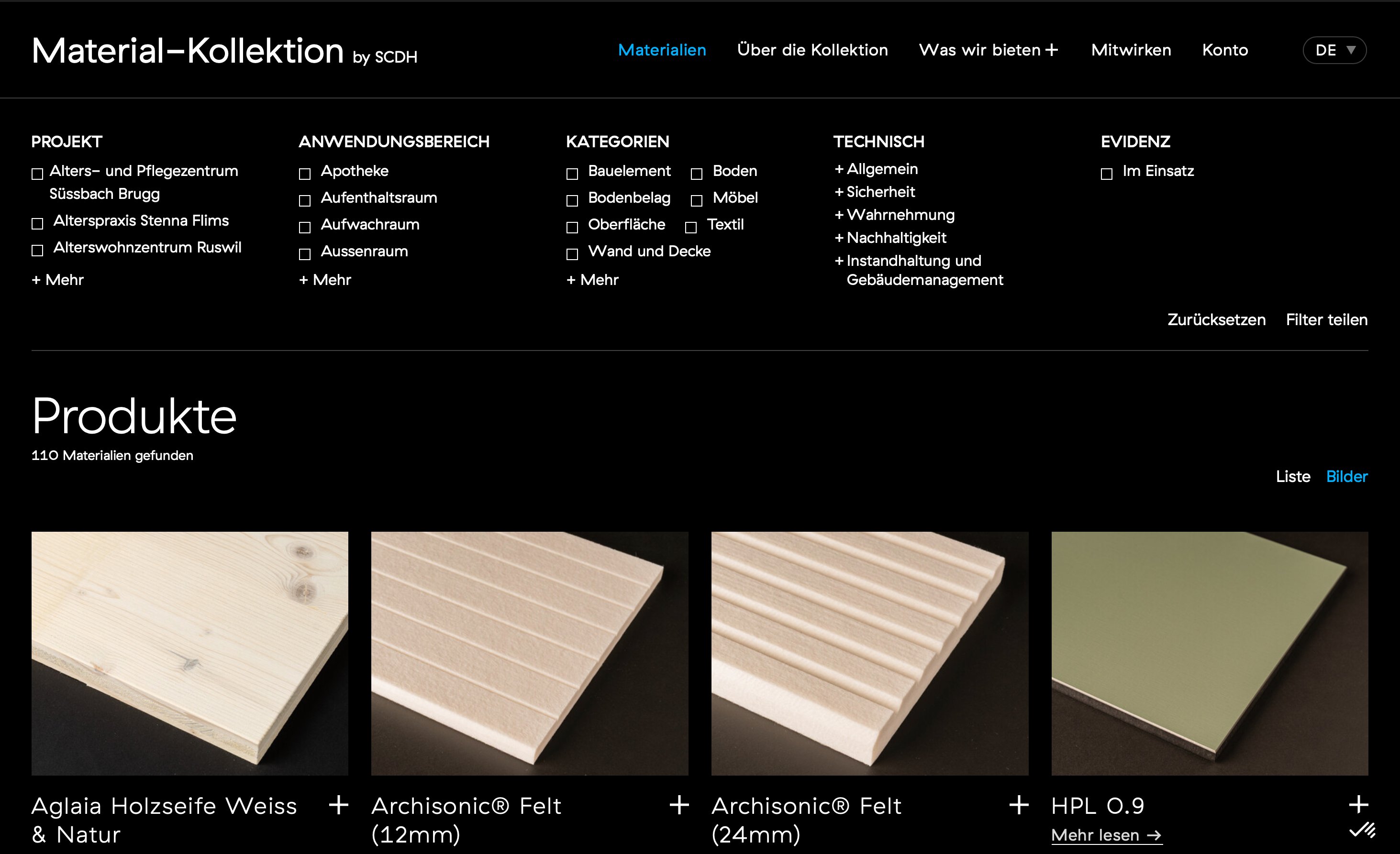 Material-Kollektion — Produktübersicht mit Filternavigation