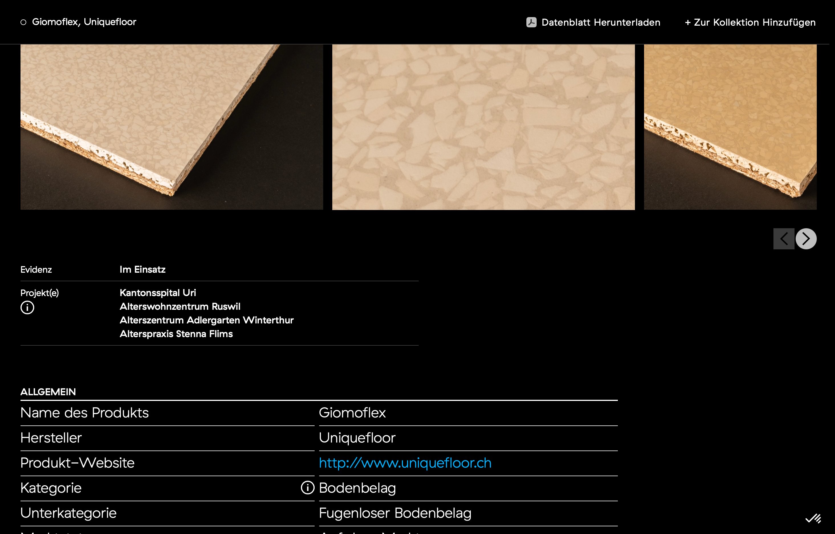Material-Kollektion — Materialdatenblatt